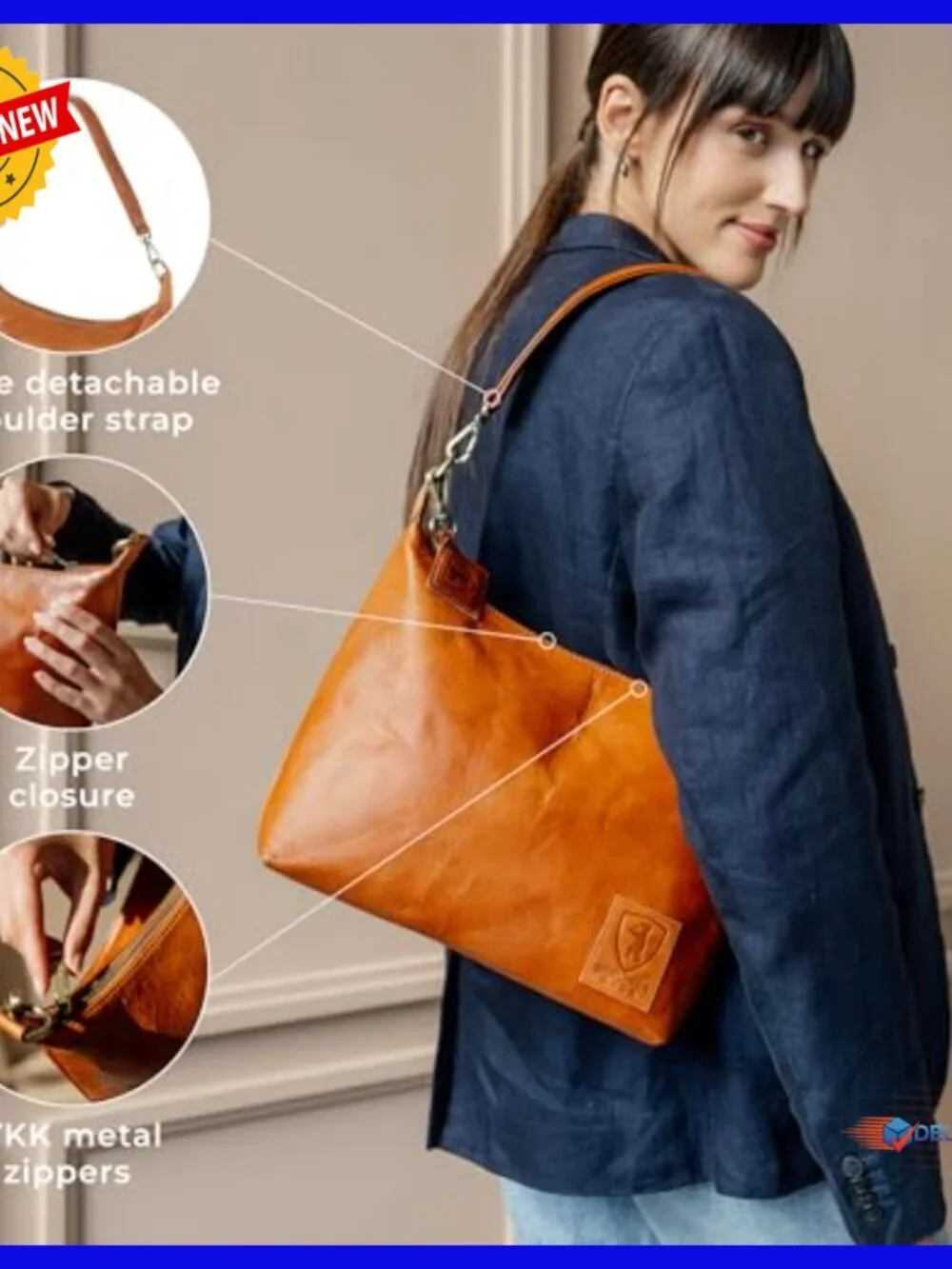 Genuine Leather Hobo Shoulder Bag with Detachable Strap, Top Handle